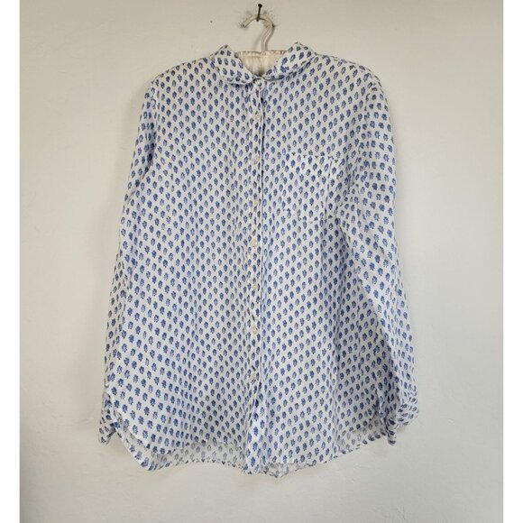 L.L.Bean Womens White Blue Floral 100% Linen Button-Up Long Sleeve Shirt Large - Picture 1 of 8